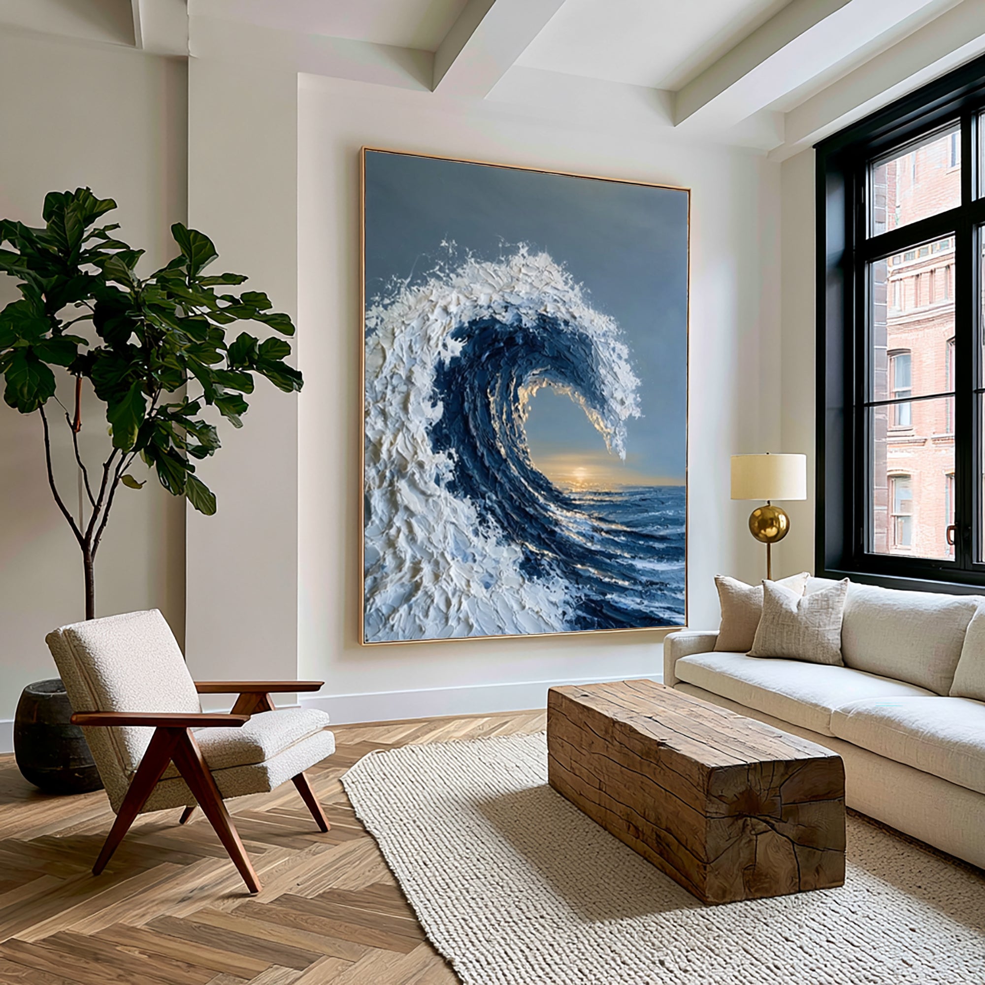 Large Textured Ocean Wave Wall Art Abstract Oil Painting Blue Sea Sunset Horizon Coastal Artwork Modern Home Interior Decor