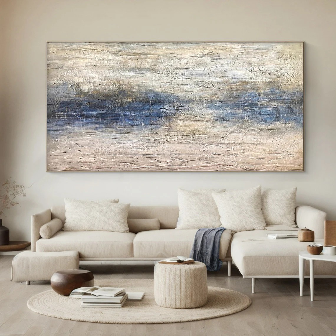 Large Abstract Canvas Art Blue and Beige Modern Wall Decor #AP 079