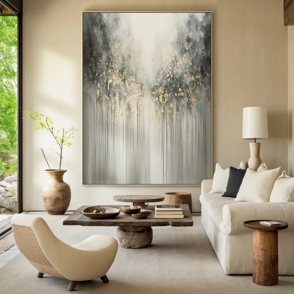 Grey and Gold Abstract Landscape Painting - Modern Wall Art #FT 058