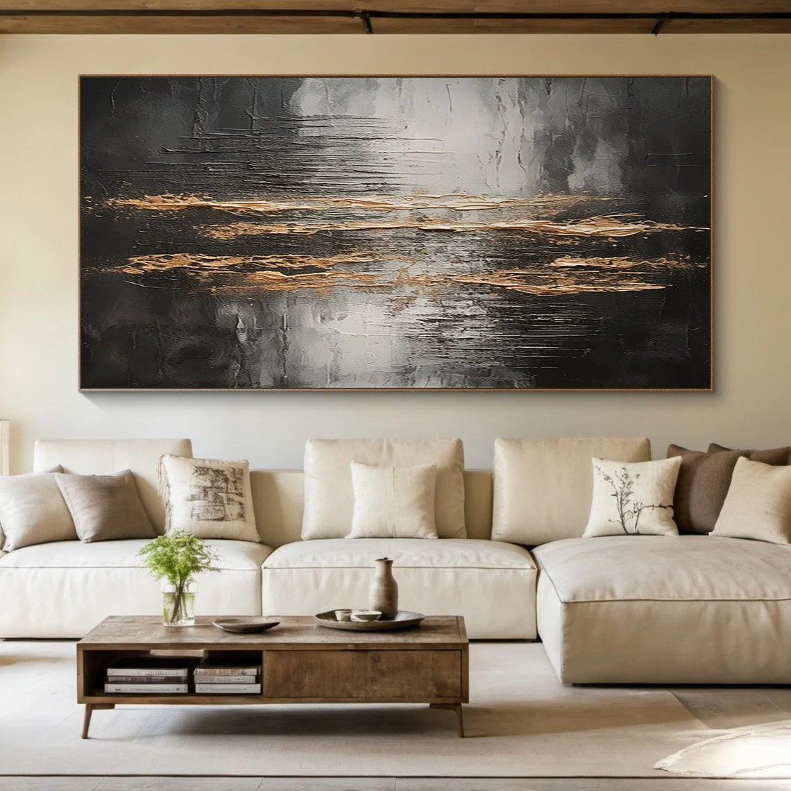 Large Metallic Gold & Black Abstract Wall Art
