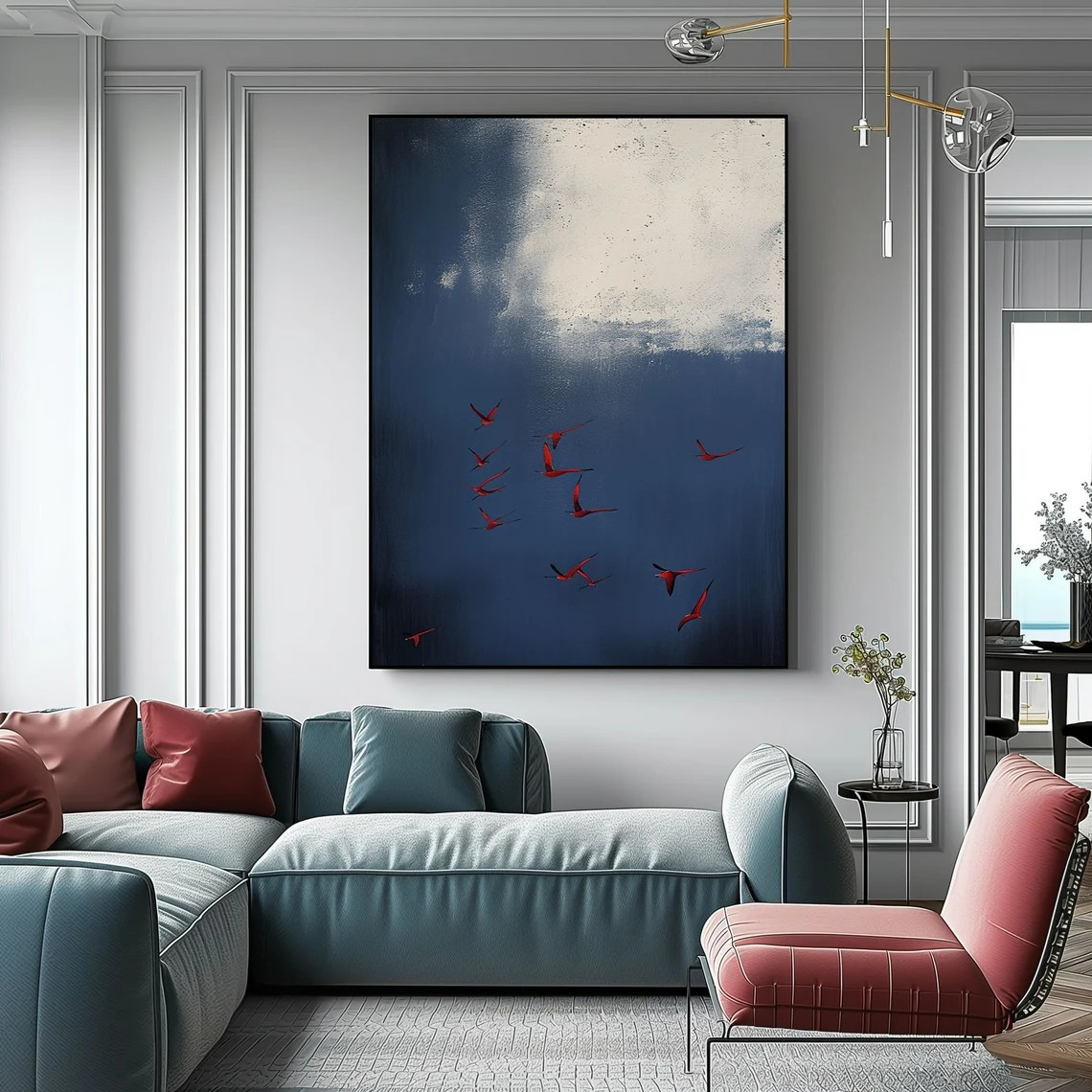 Red Birds in Blue Sky – Elegant Abstract Wall Decor #OS 076