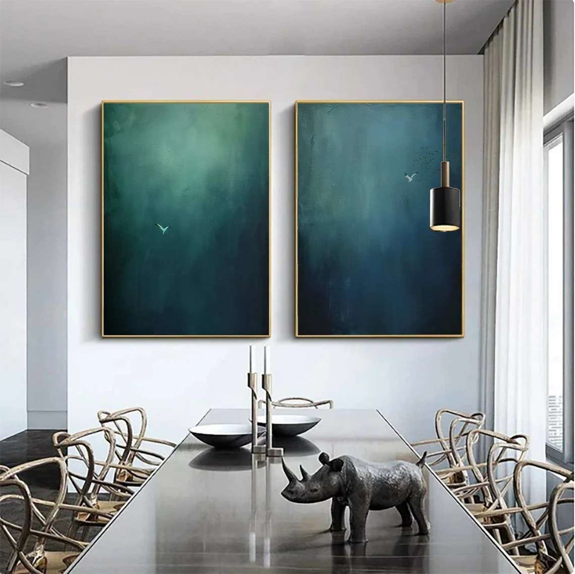 Surreal Bird Art Set of 2 Dreamlike Blue Green Abstract Paintings #OS 074