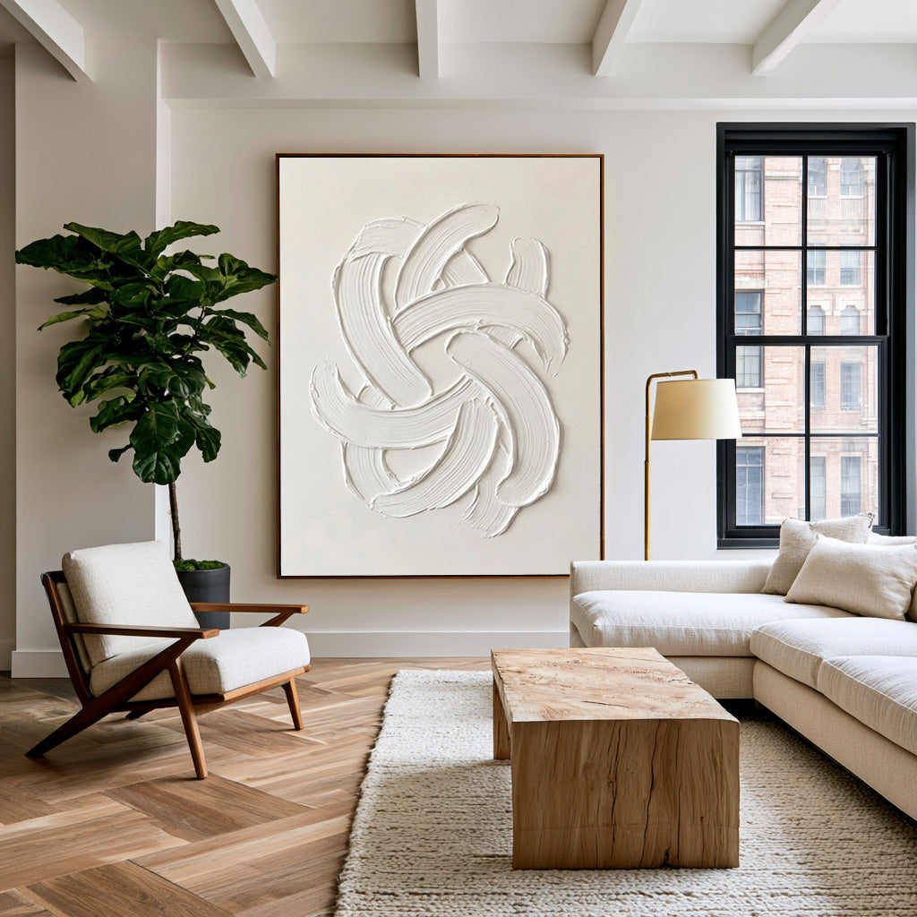 Large Contemporary White Wall Art Textured Oil Painting Minimalist Abstract Sculpture Modern Neutral Home Decor