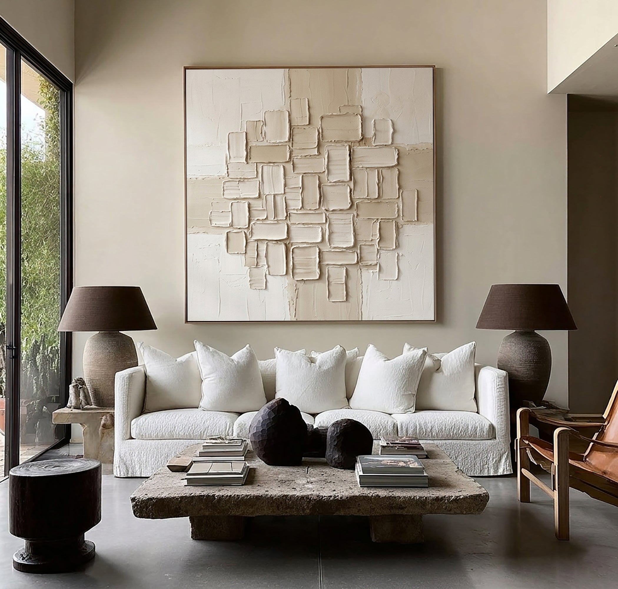 Large Architectural Tile Relief Wall Art Neutral Contemporary Textured Canvas Painting