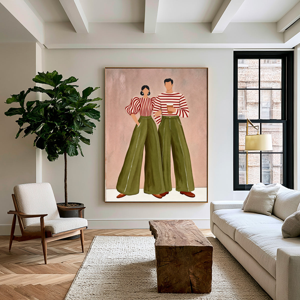 Olive Green Blush Pink Couple Painting Modern Wall Art