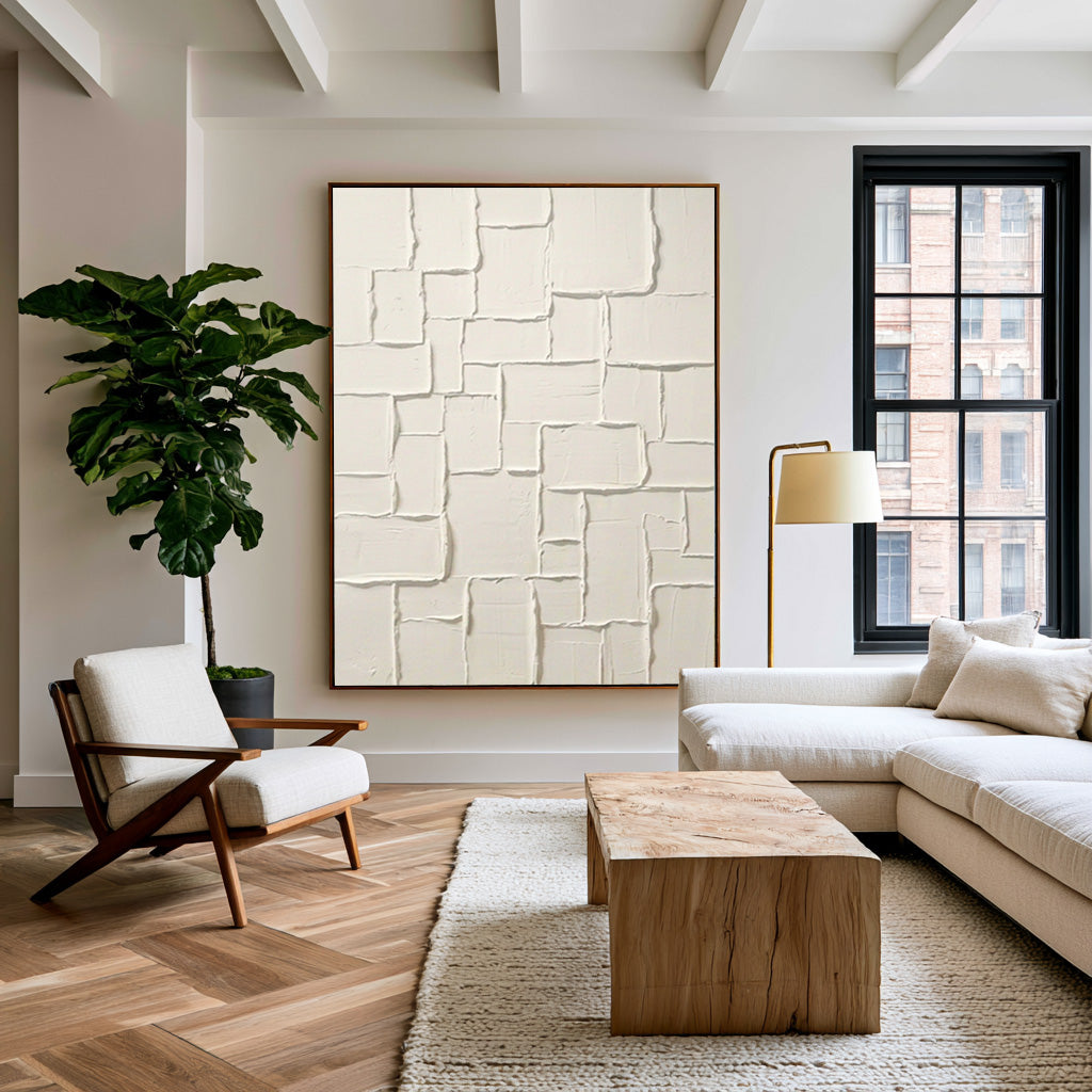 Large Architectural Block Relief Wall Art Ivory White Textured Abstract Painting Contemporary Interior Decor