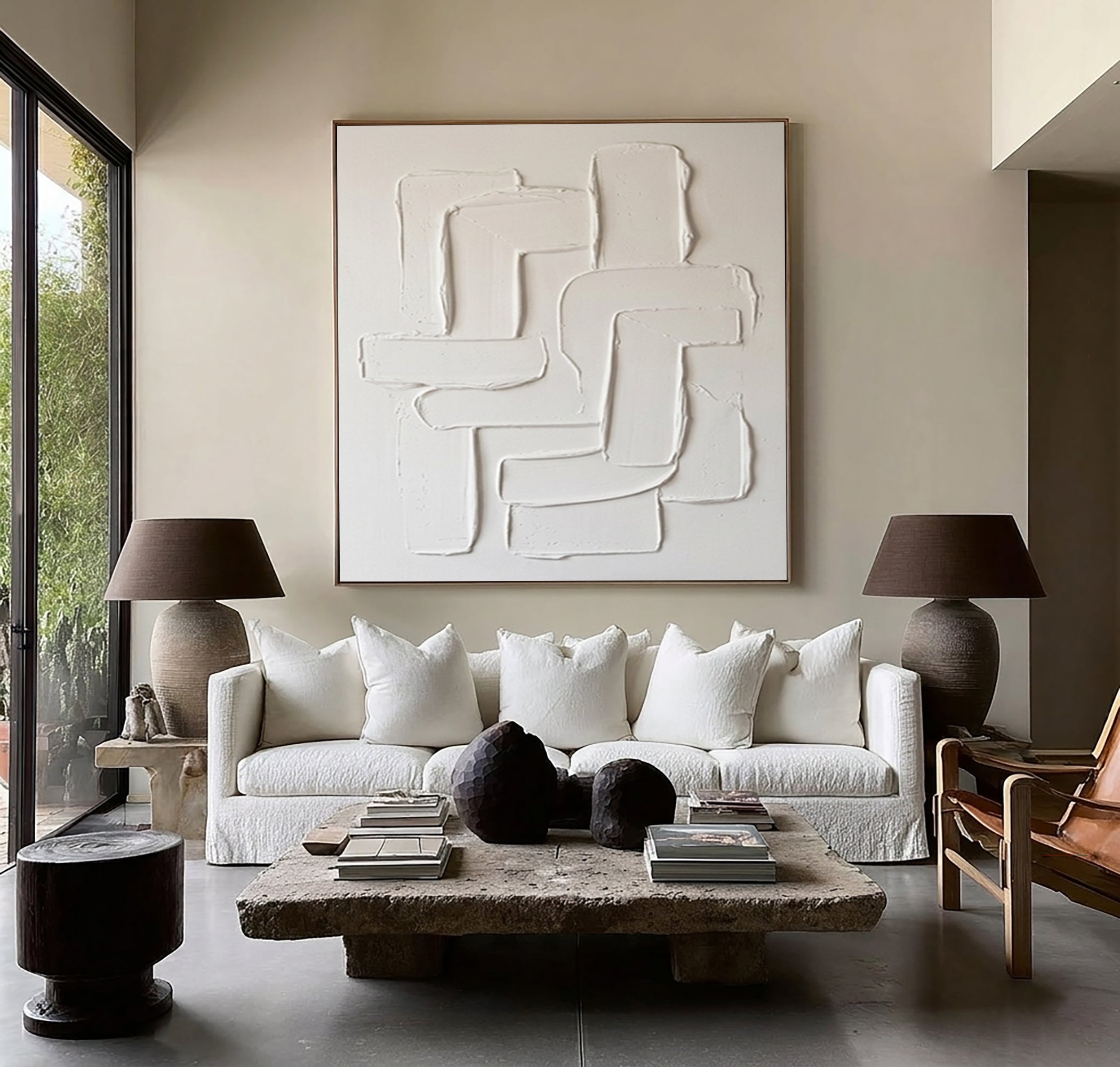 Large Neutral Textured Canvas Art Hand Painted Sculptural Wall Decor