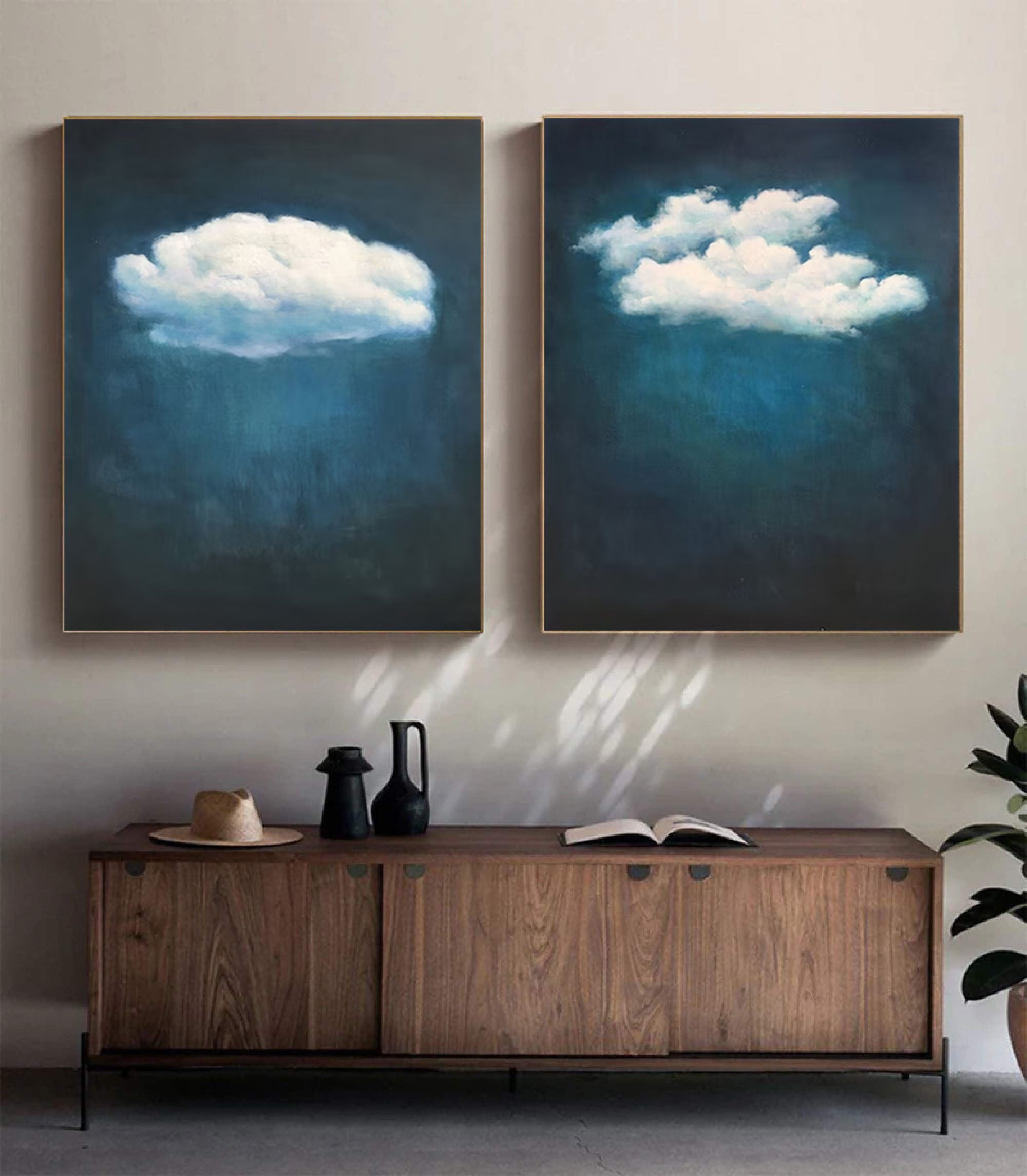 Teal Tranquility Cloud Paintings for Modern Home Decor Set Of 2 #OS 072