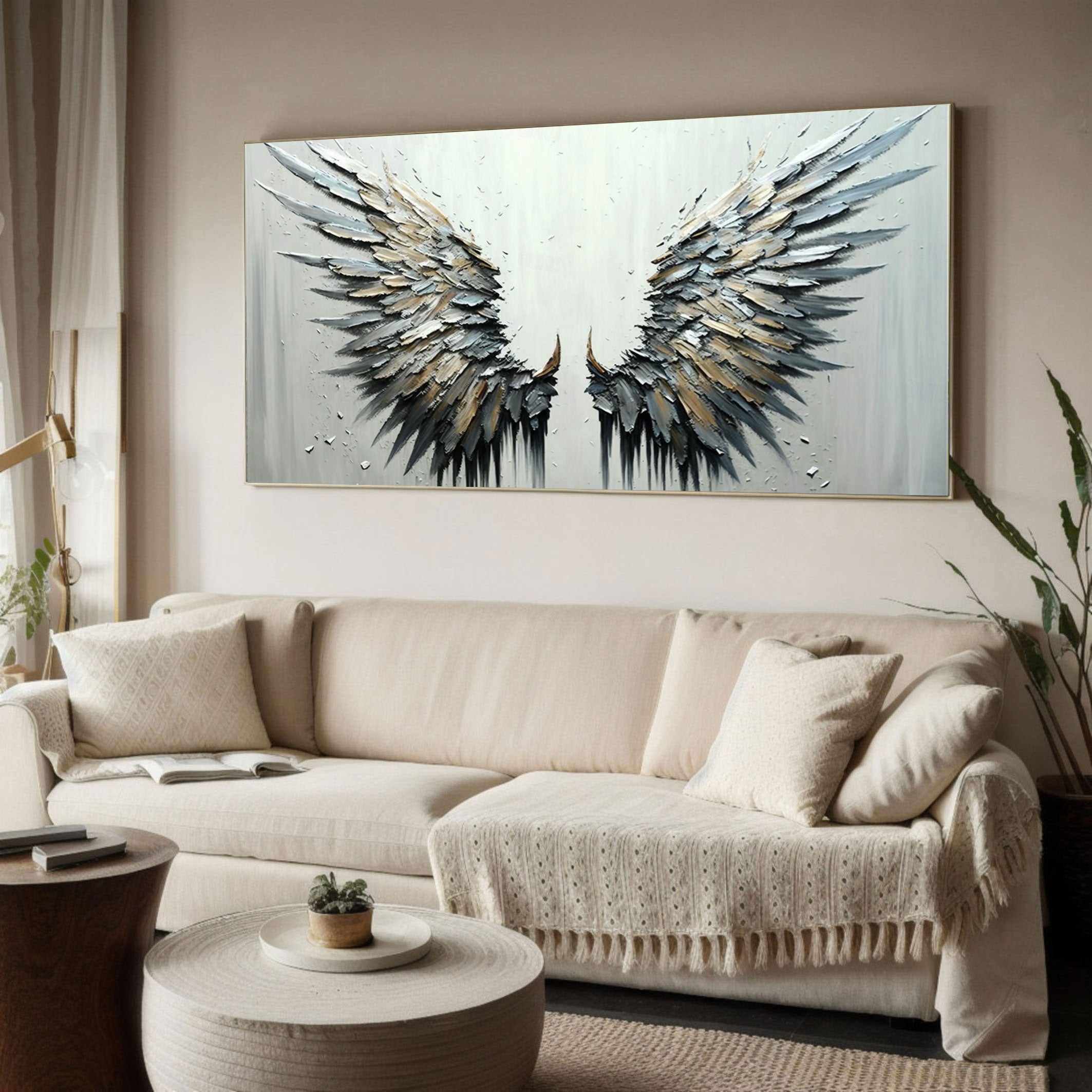 Textured Angel Wings Art - Abstract Black & White Painting #MMA 189
