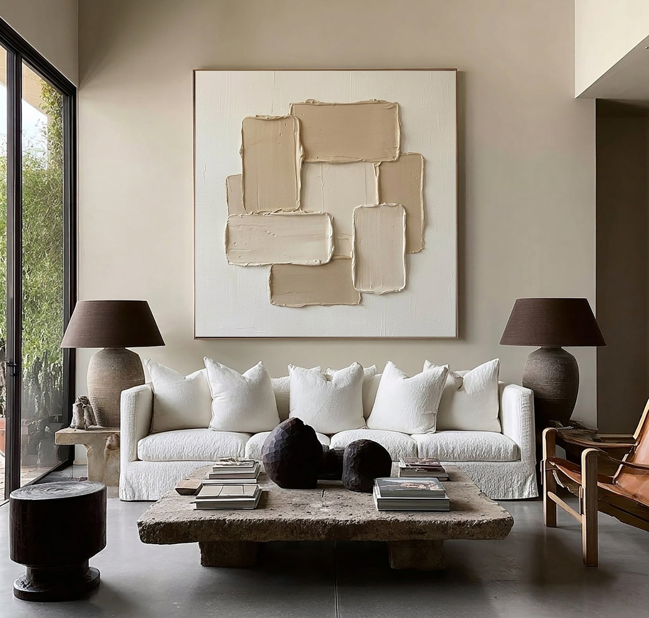 Large Contemporary Oil Painting in Beige and White with Abstract Textured Blocks