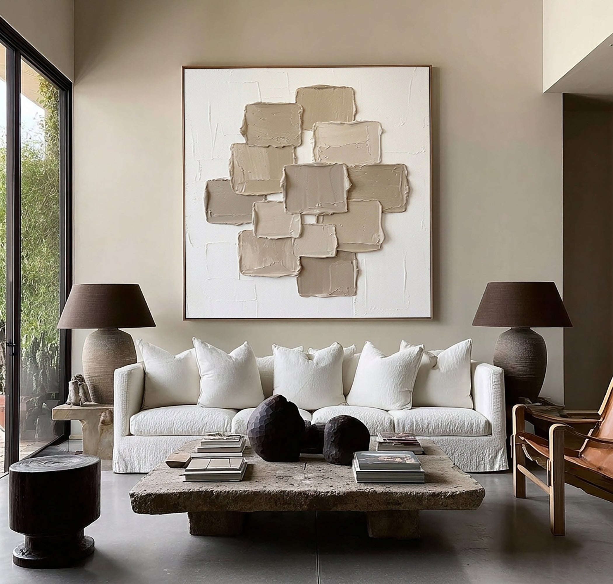 Large Stone Block Wall Art Neutral Contemporary Hand Painted Canvas Painting