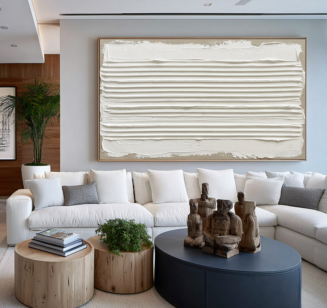 A Quiet Horizon Made By Hand Large White Textured Abstract Wall Art Sculptural Relief Artwork