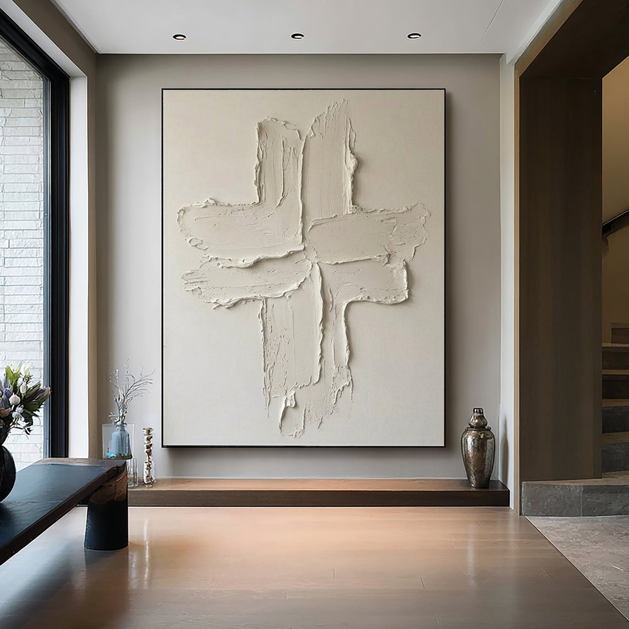 Large Contemporary Relief Painting with Abstract Cross Brush Texture