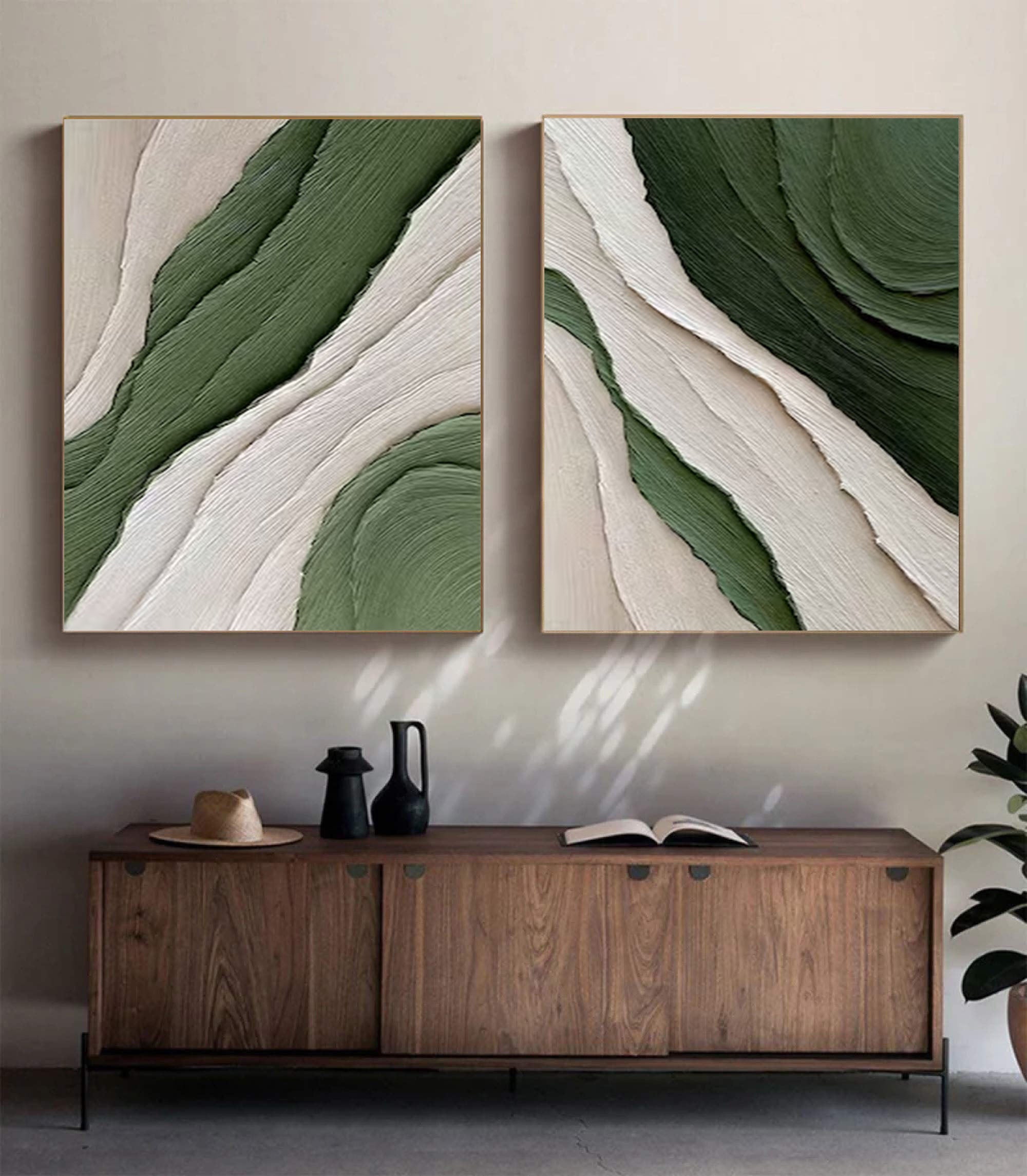 Modern Green and White Abstract Wall Art Dual Panel Design #MMAS 067
