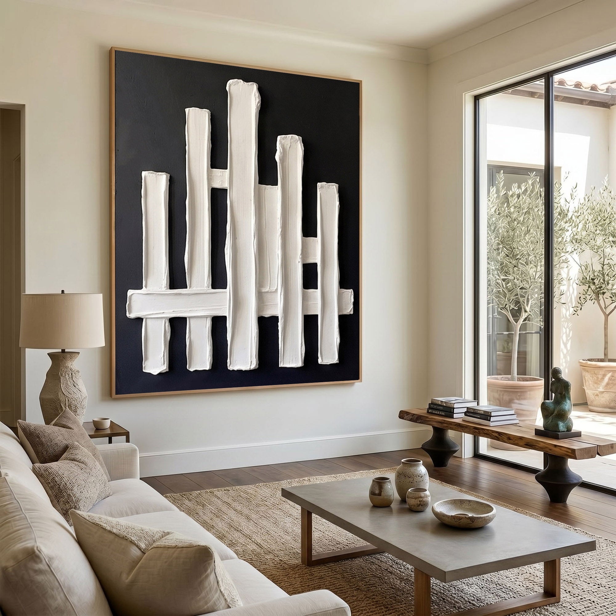 Large Abstract Textured Wall Art Black Plaster Painting Sculptural Modern Minimalist Luxury Interior Decor