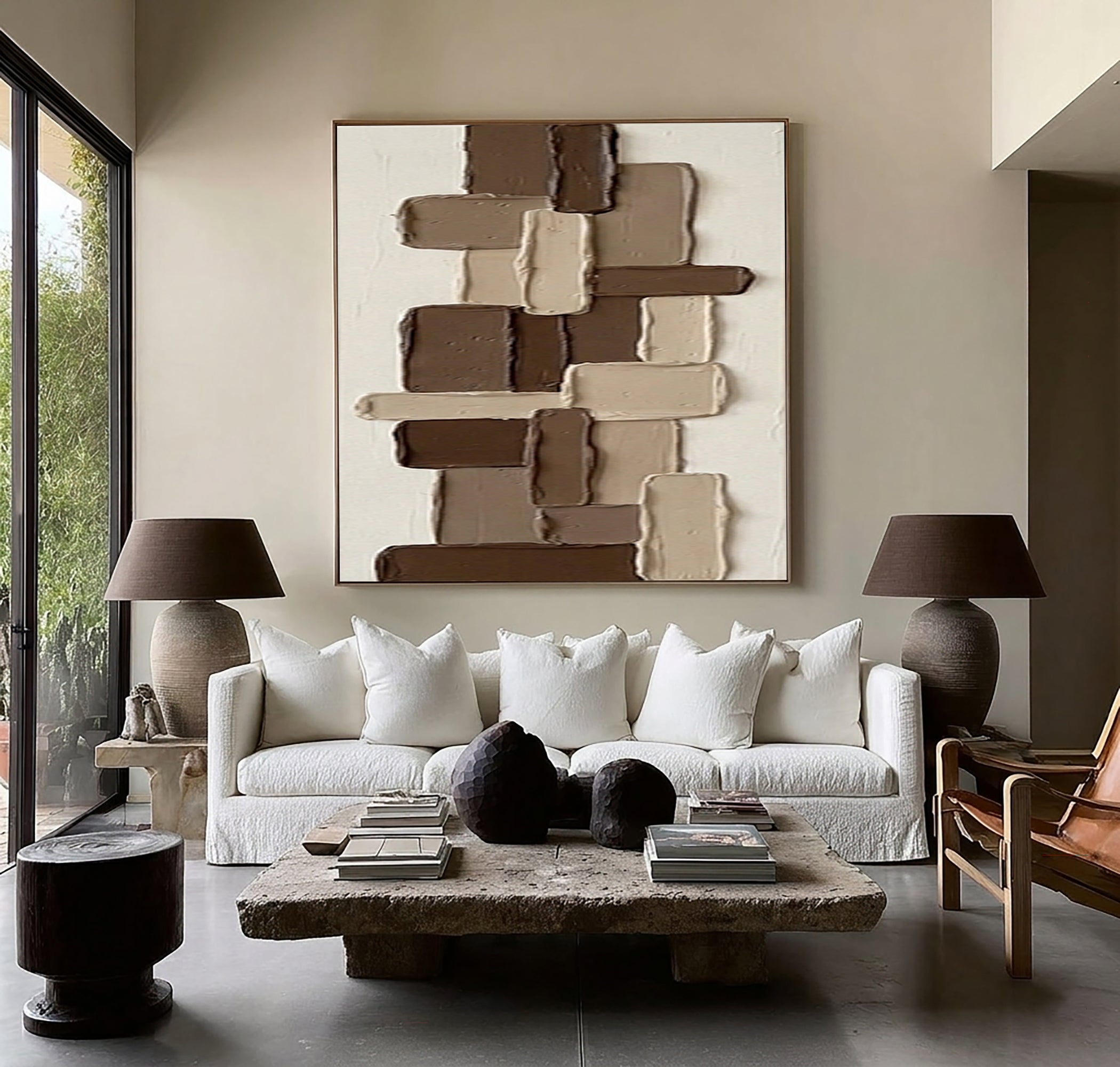 Large Brown Textured Abstract Wall Art Hand Painted Geometric Canvas