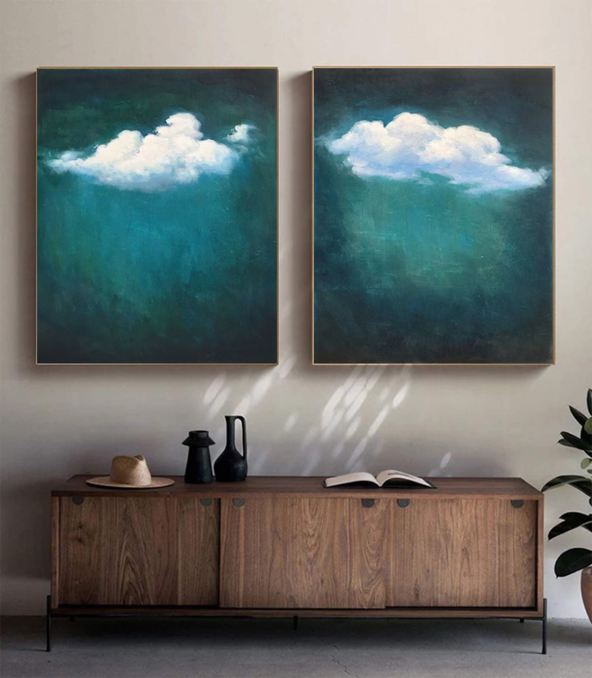 Teal Tranquility Cloud Paintings for Modern Home Decor Set Of 2 #OS 059