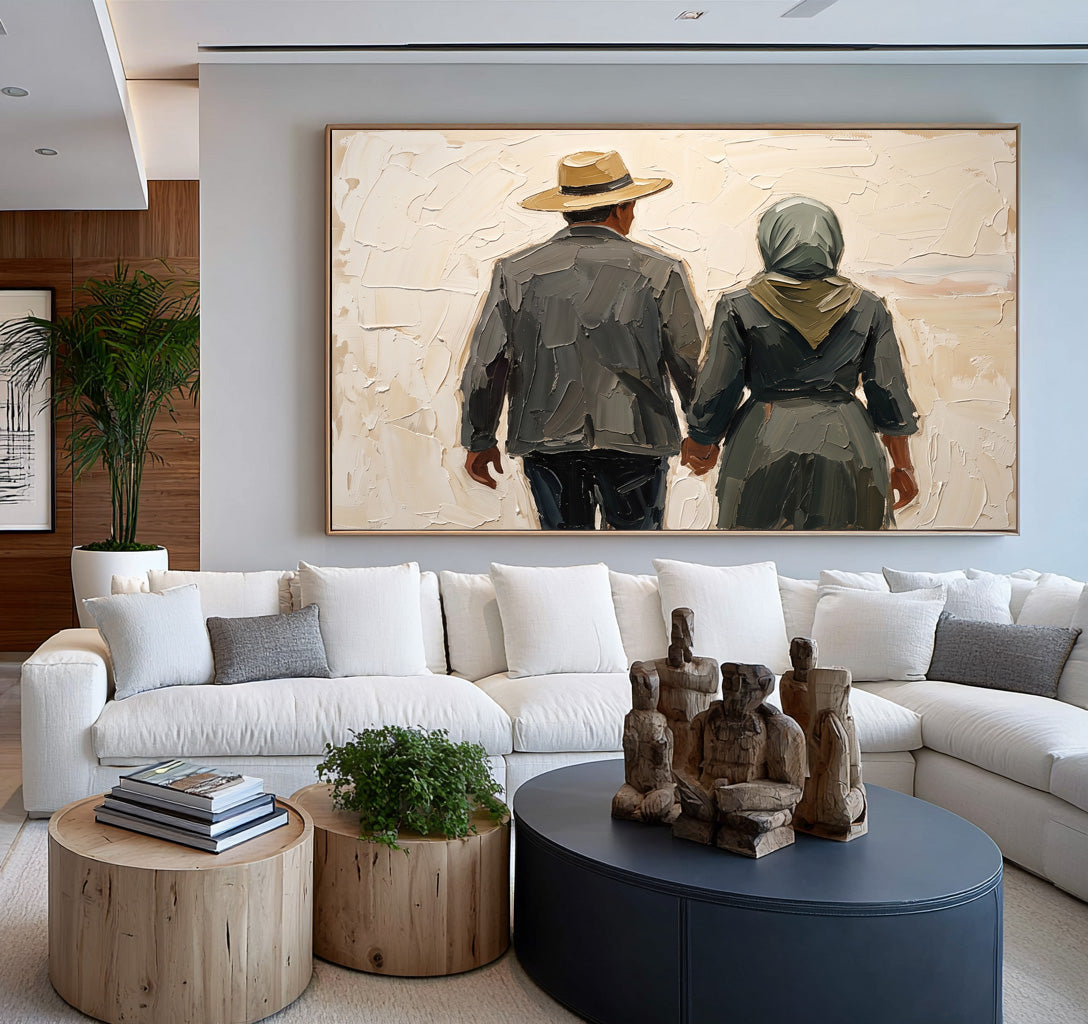 Large Modern Rustic Couple Portrait Wall Art Textured Oil Painting Country Inspired Figurative Artwork Contemporary Farmhouse Decor