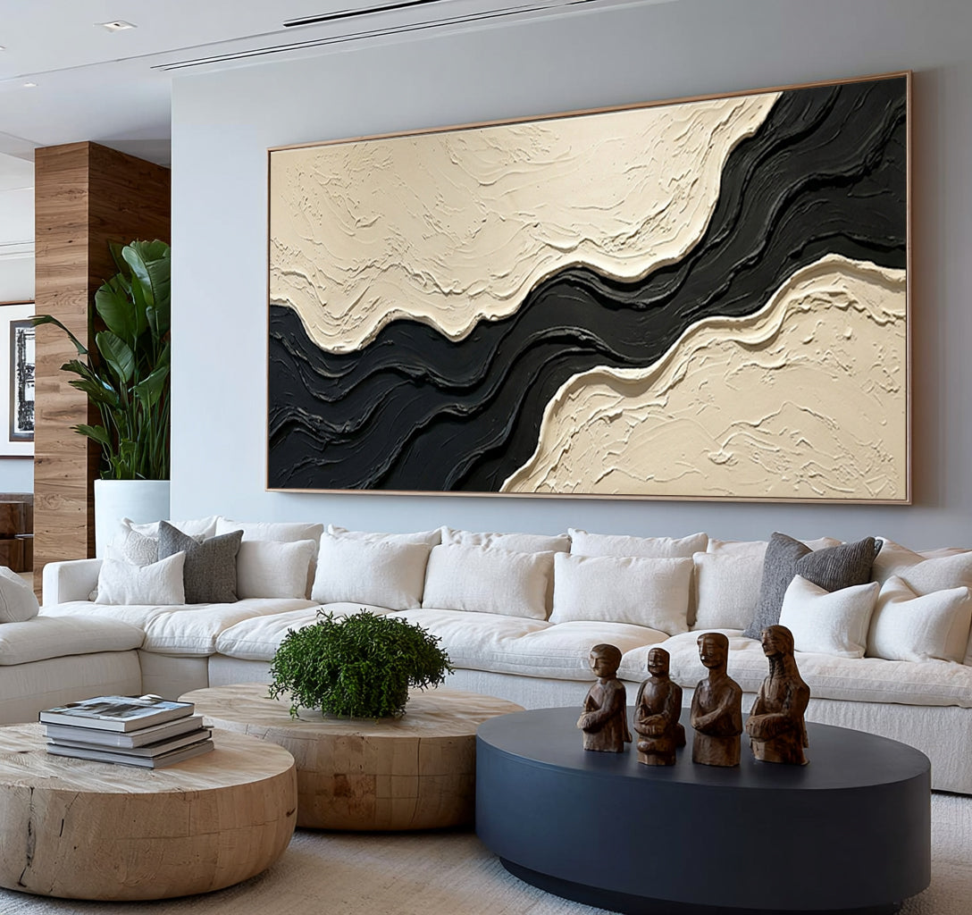 Large Contemporary Gallery Textured Abstract Wall Art Black Ivory Oil Painting Modern Luxury Interior Artwork
