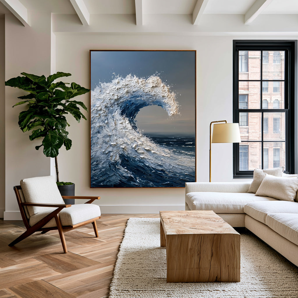 Large Wave Wall Art Textured Oil Painting Ocean Storm Sea Foam Blue Abstract Coastal Artwork Modern Statement Decor