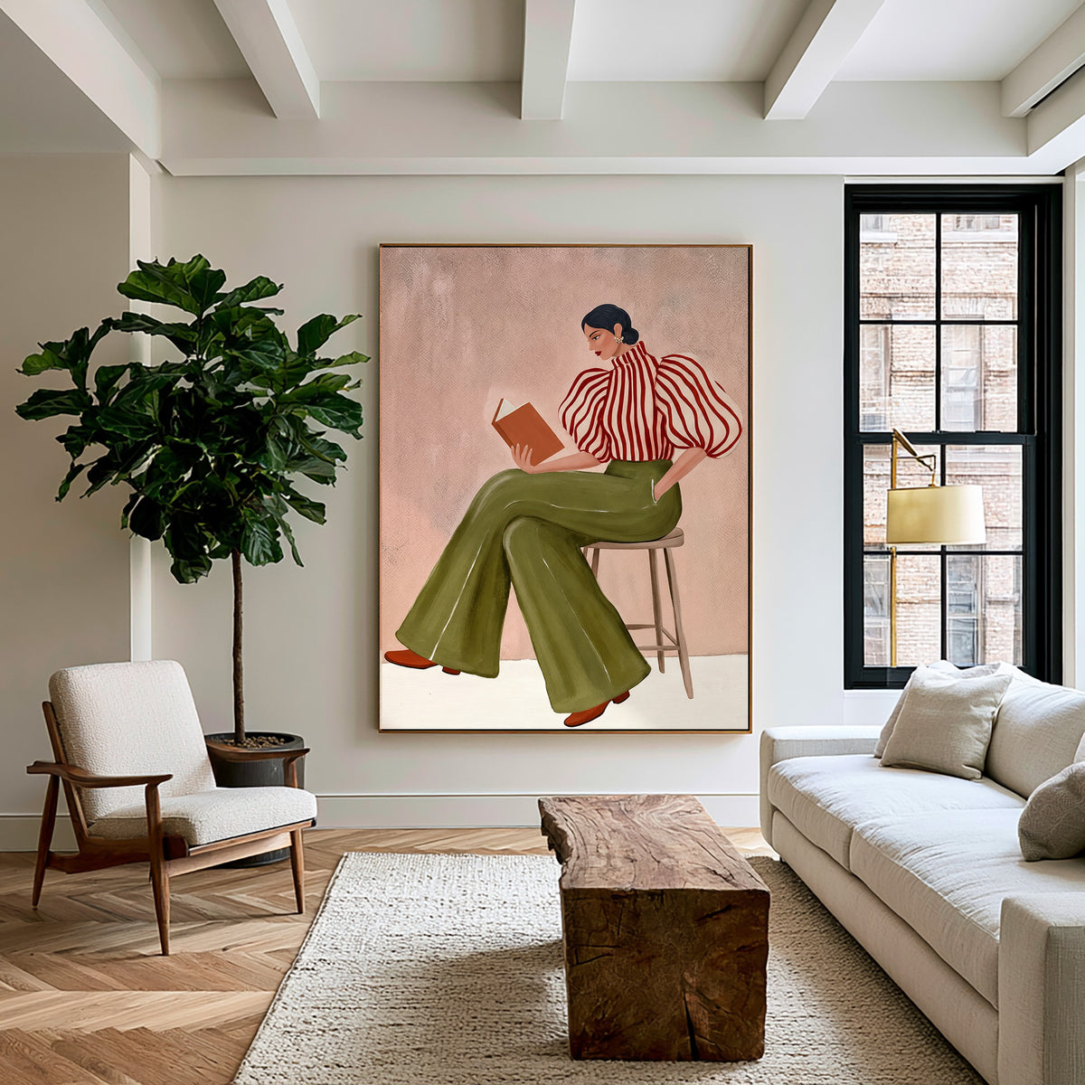 Large Textured Oil Painting Woman Reading Olive Green Trousers Fashion Wall Art