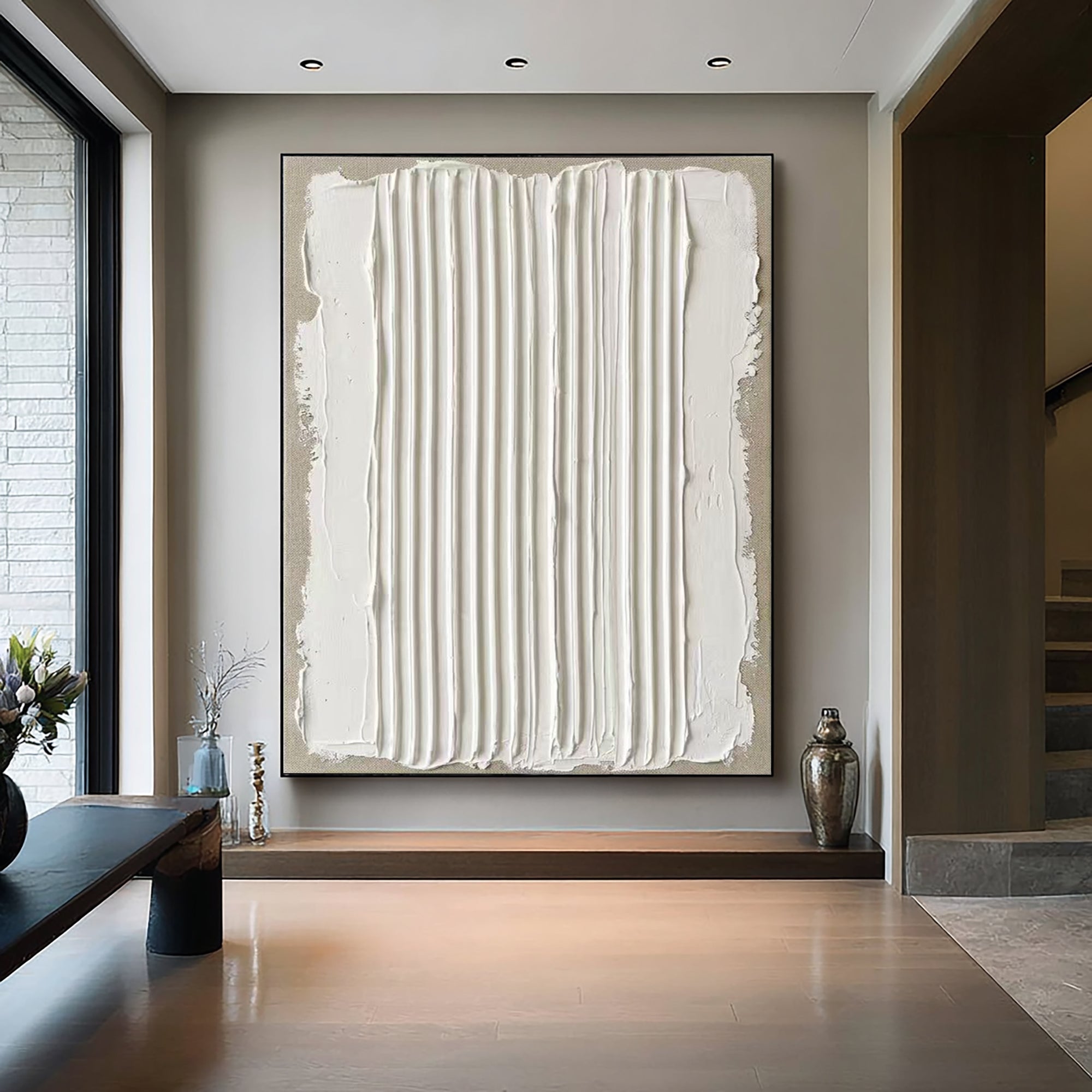 Large Neutral Oil Painting with Vertical Plaster Texture for Contemporary Interiors