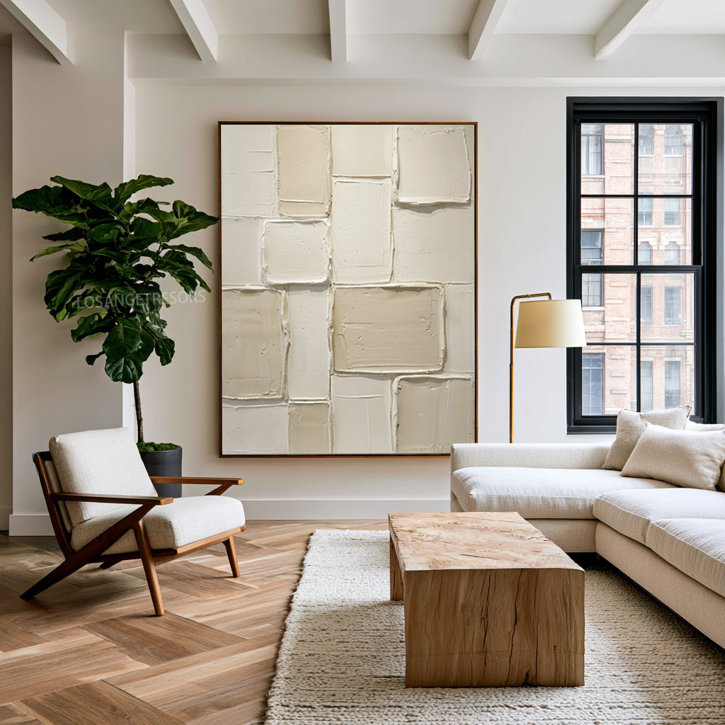 Large Architectural Minimalist Textured Wall Art Ivory Cream Abstract Oil Painting Contemporary Luxury Interior Decor