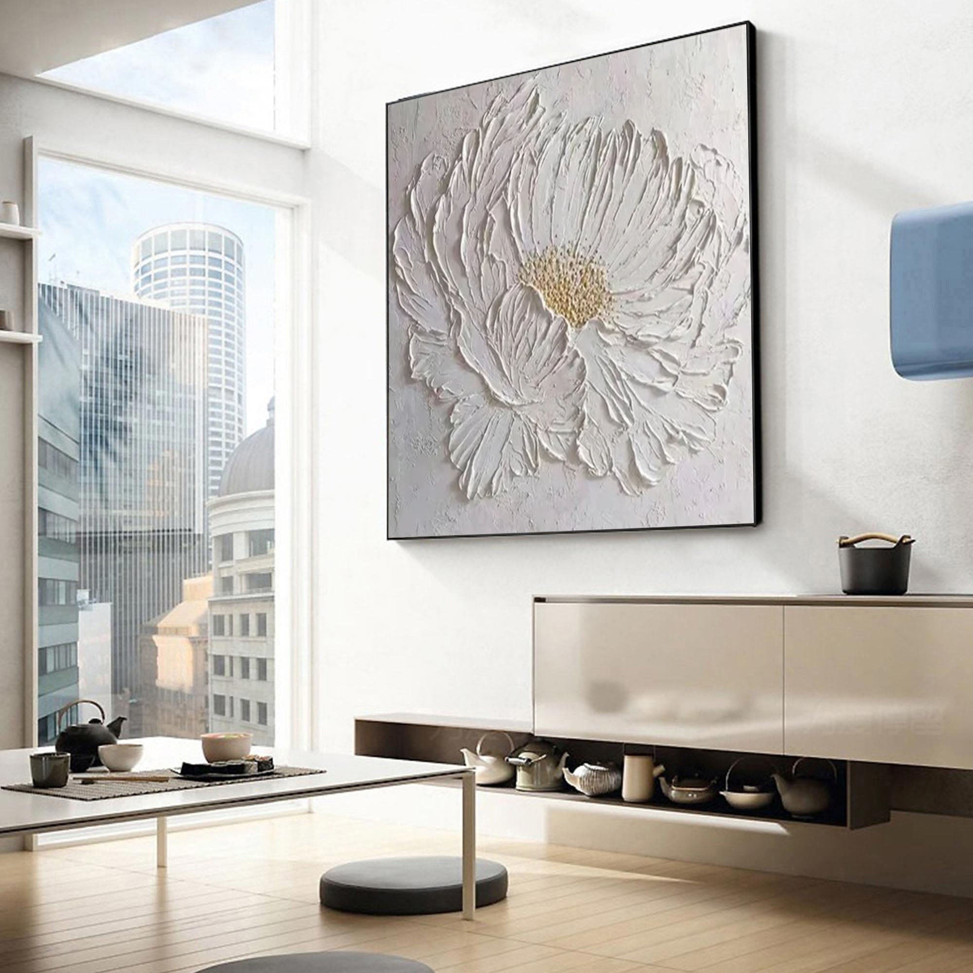 Minimalist White Flower Wall Art Textured Painting for Modern Homes #FT 043