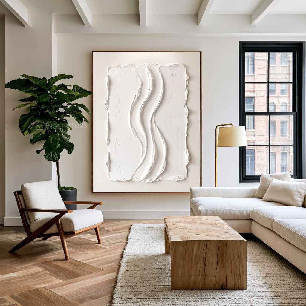 Large Abstract White Wall Art Textured Oil Painting Organic Sculpture Minimalist Neutral Modern Luxury Home Decor