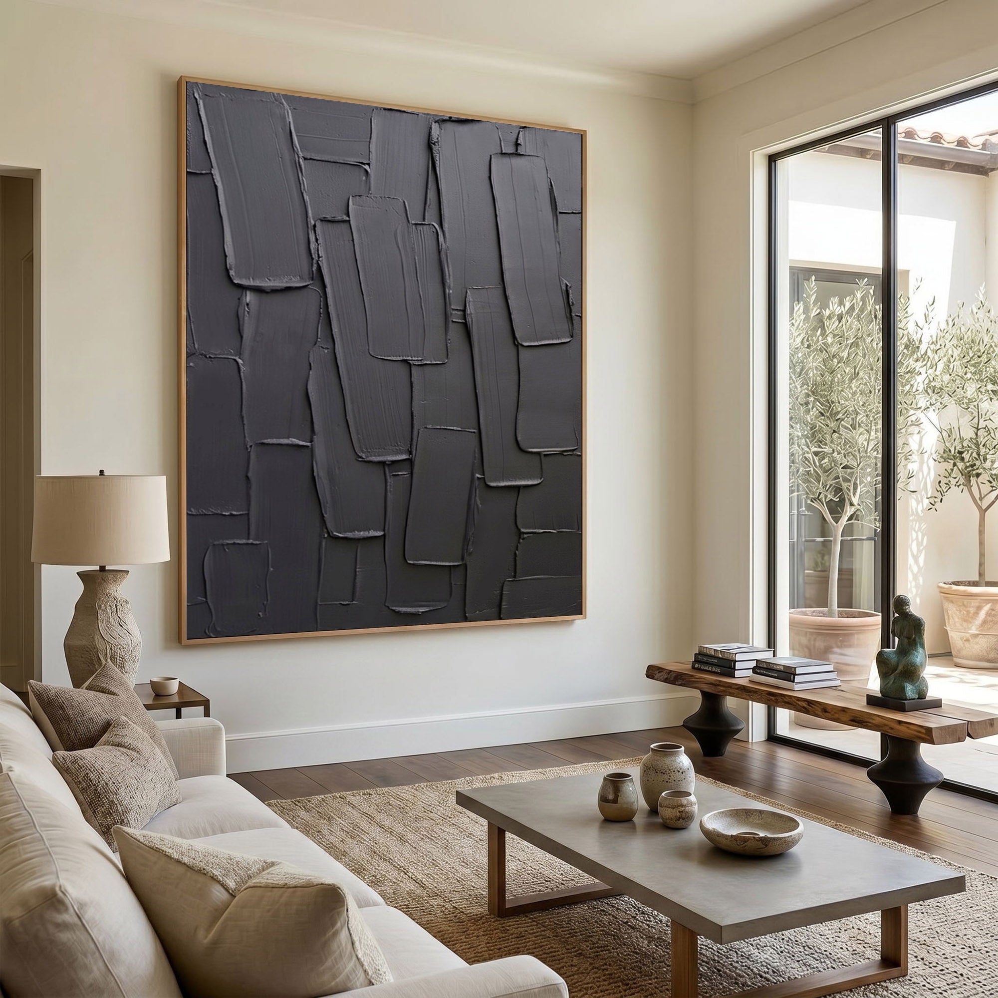 Large Charcoal Textured Wall Art Abstract Oil Painting Modern Impasto Minimalist Luxury Interior Decor