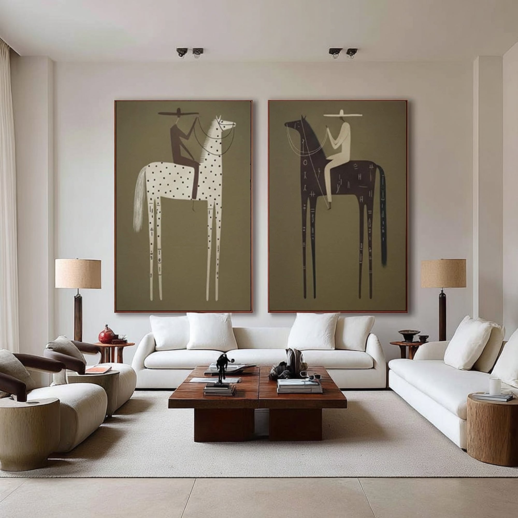 Large Bohemian Horse Rider Canvas Art Modern Neutral Diptych | KeiraArt