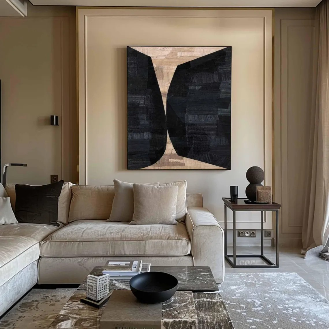 Geometric Abstract Painting Black and Beige Wall Art #AP 091