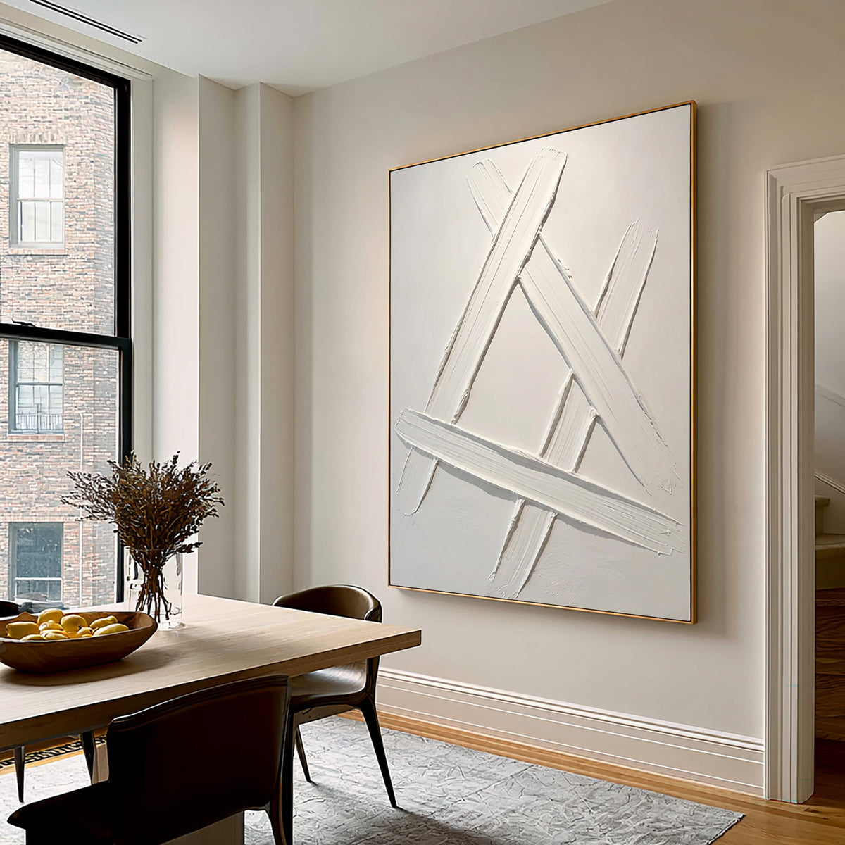 Architectural Lines Sculptural White Abstract Artwork Handmade Textured Geometric Painting Contemporary Wall Decor