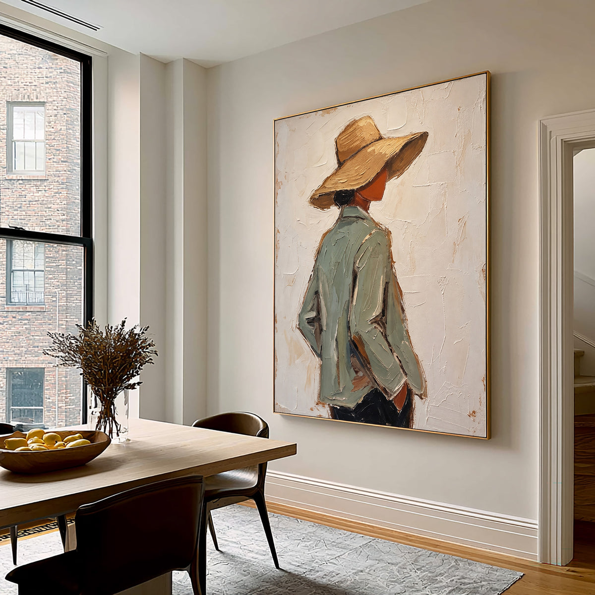 Large Textured Western Oil Painting Modern Cowboy Hat Portrait Wall Art