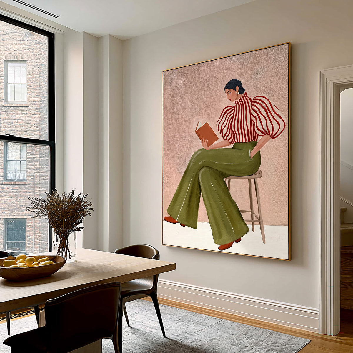 Large Textured Oil Painting Woman Reading Olive Green Trousers Fashion Wall Art