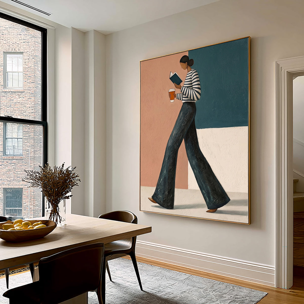 Contemporary Female Figure Painting Striped Shirt Coffee Wall Art