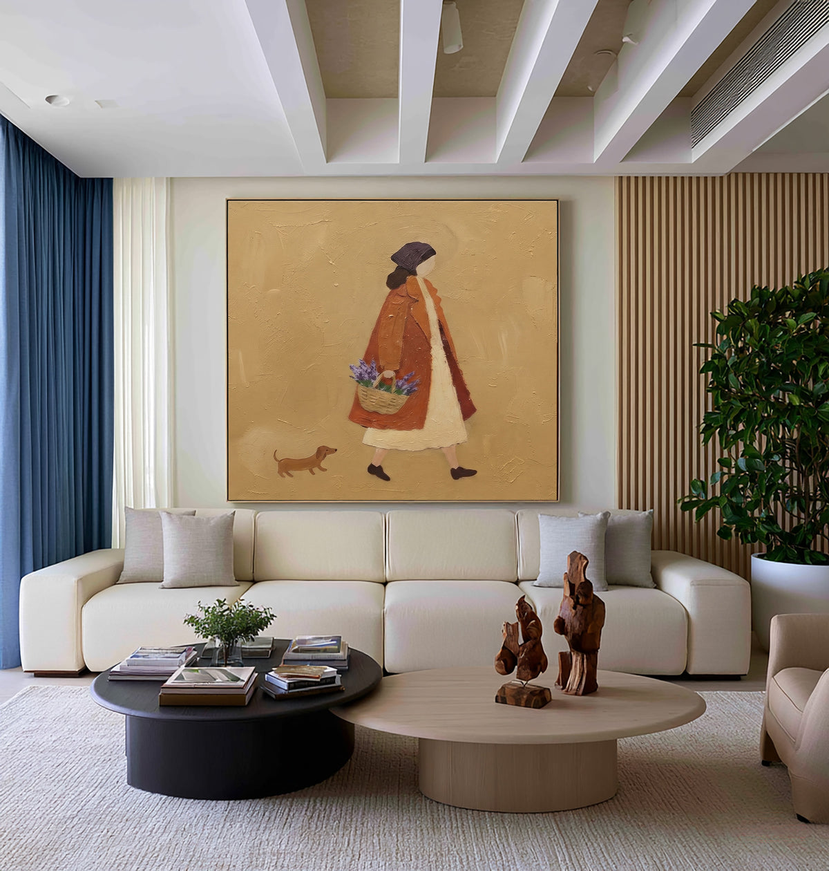 The Quiet Pleasure Of Wandering Original Figurative Painting Woman Dog Floral Basket European Interior Wall Art