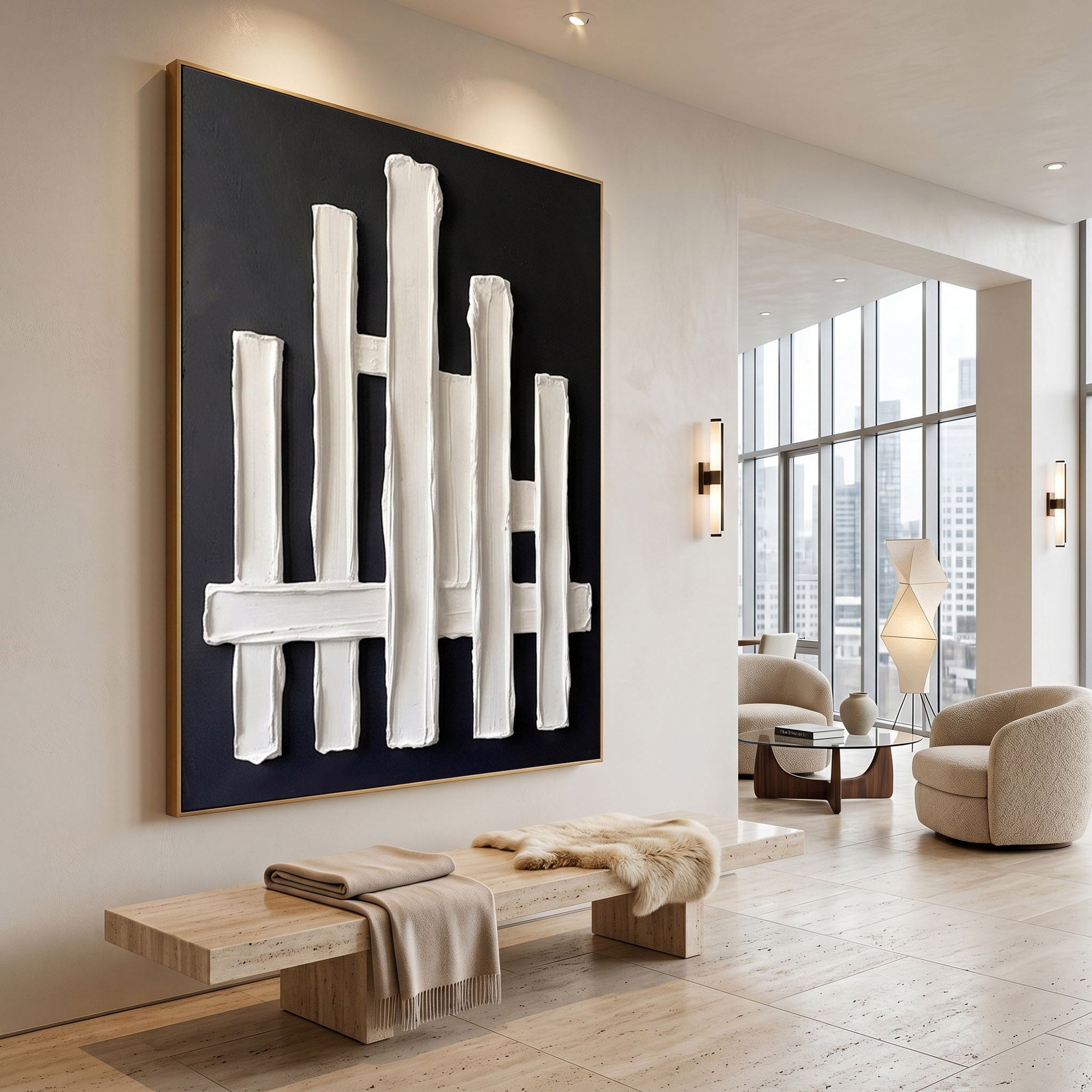 Large Abstract Textured Wall Art Black Plaster Painting Sculptural Modern Minimalist Luxury Interior Decor