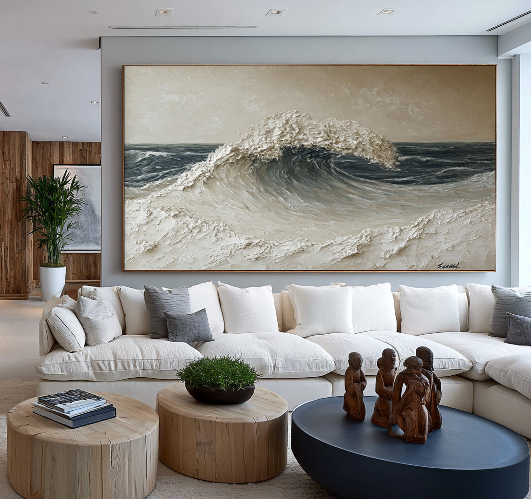 Large Abstract Ocean Wave Wall Art Textured Oil Painting Seascape Cowboy Cowgirl Inspired Vintage Americana Western Artwork Modern Home Decor