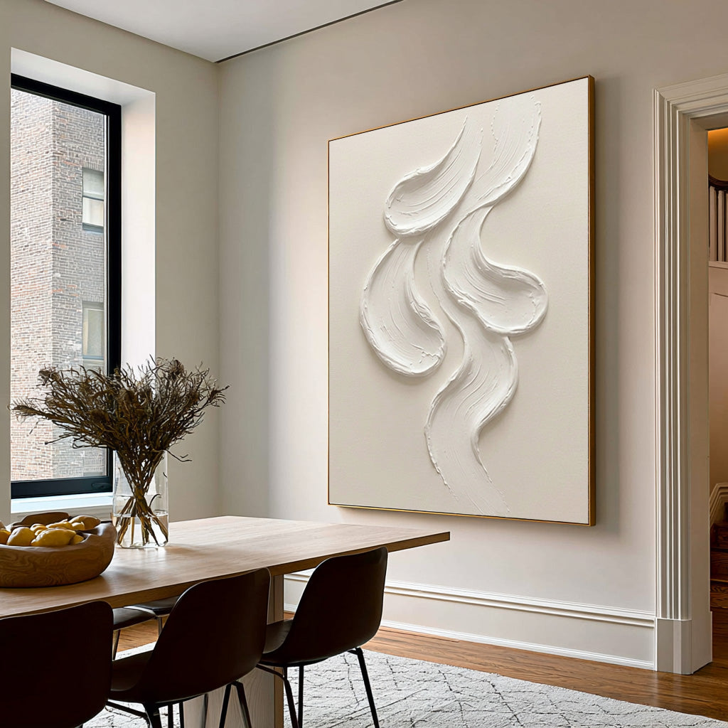 Large Textured White Wall Art Abstract Oil Painting Minimalist Sculptural Relief Artwork Neutral Modern Luxury Home Decor