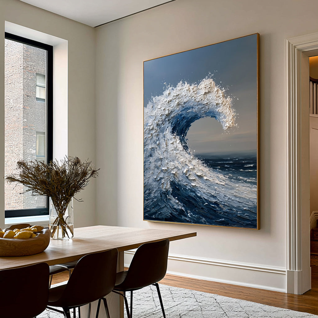 Large Wave Wall Art Textured Oil Painting Ocean Storm Sea Foam Blue Abstract Coastal Artwork Modern Statement Decor