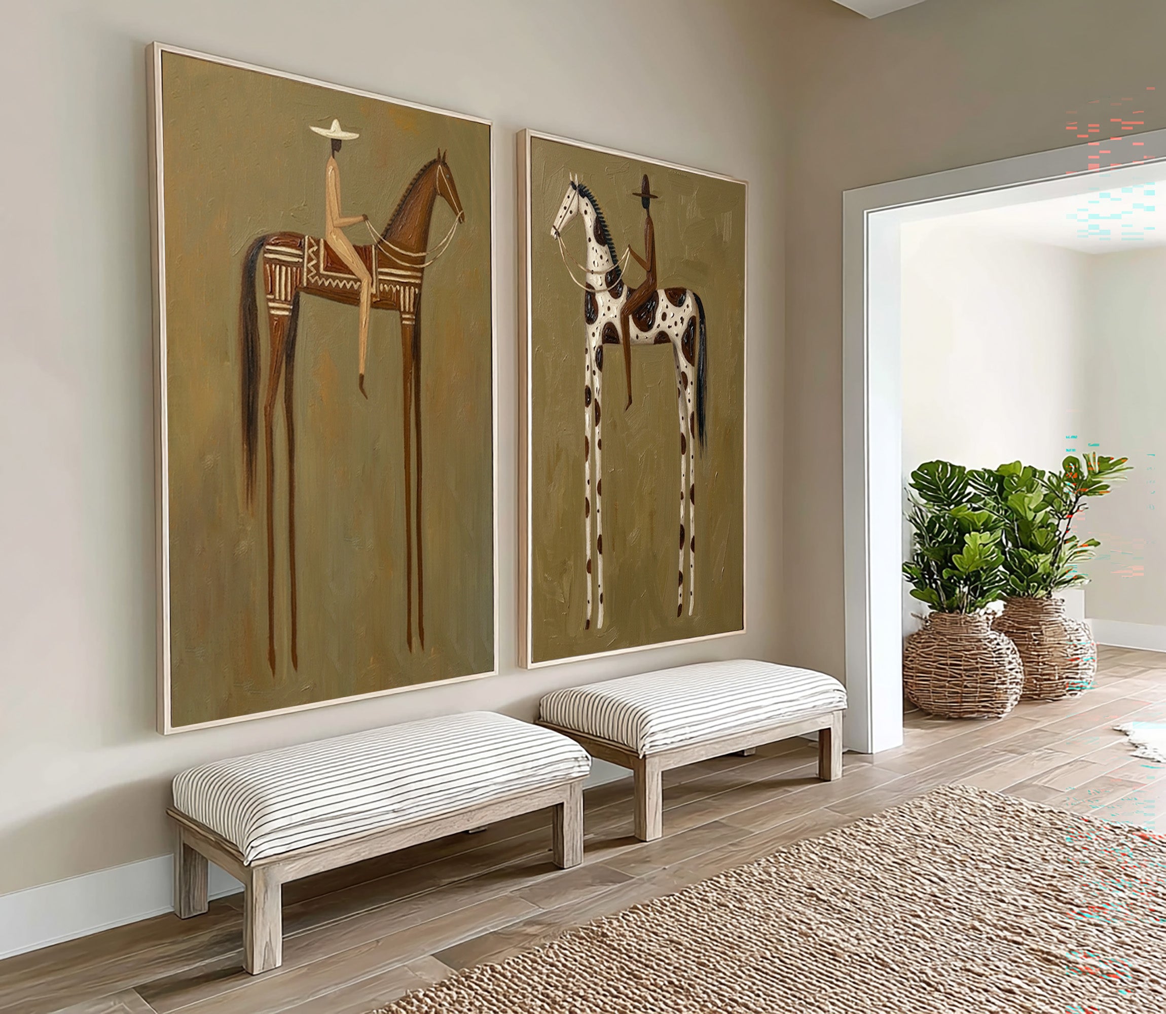 Large Cowboy Cowgirl Horse Wall Art Western Heritage Oil Painting Diptych | KeiraArt