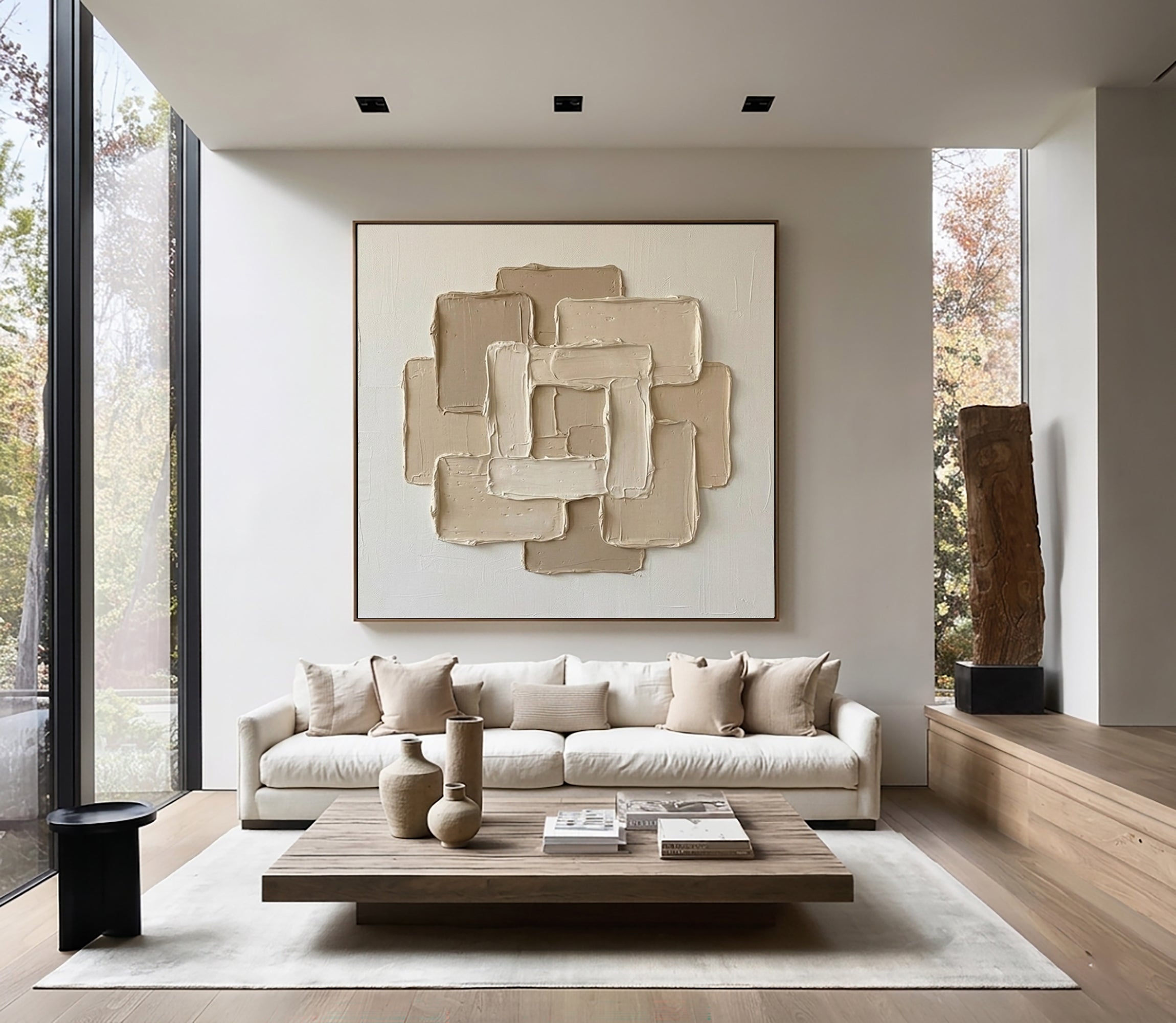 Large Geometric Relief Oil Painting – Neutral Contemporary Canvas Art