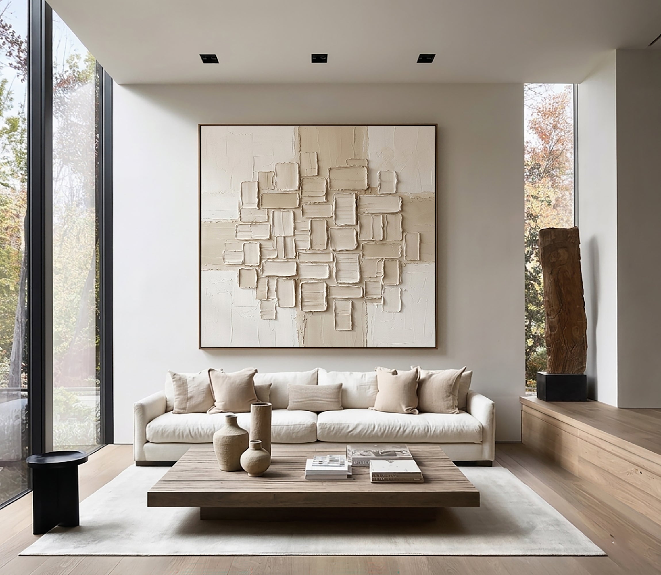 Large Architectural Tile Relief Wall Art Neutral Contemporary Textured Canvas Painting