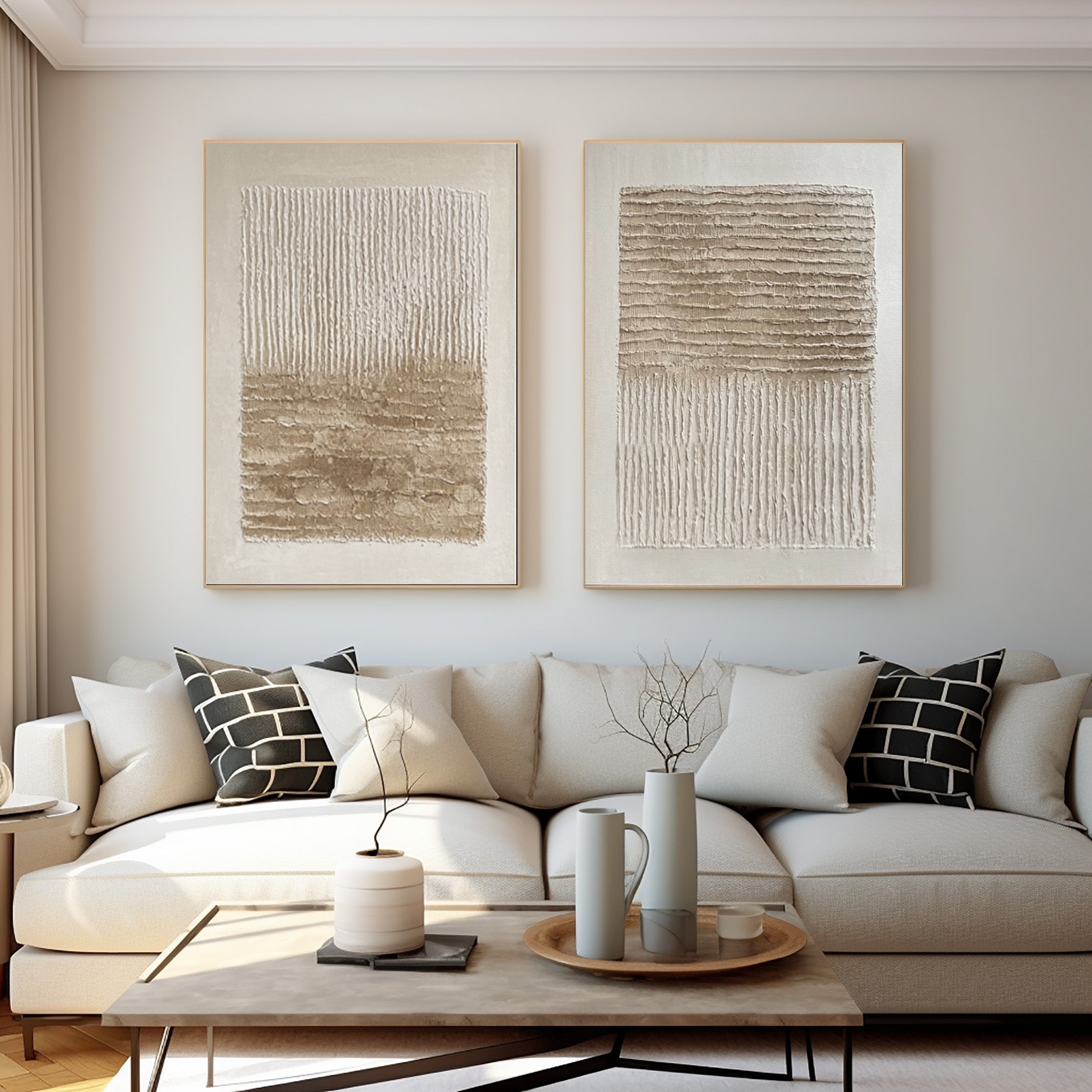 Oversized Impasto Wall Art: Wavy Neutral Panels Set Of 2 #AG 020