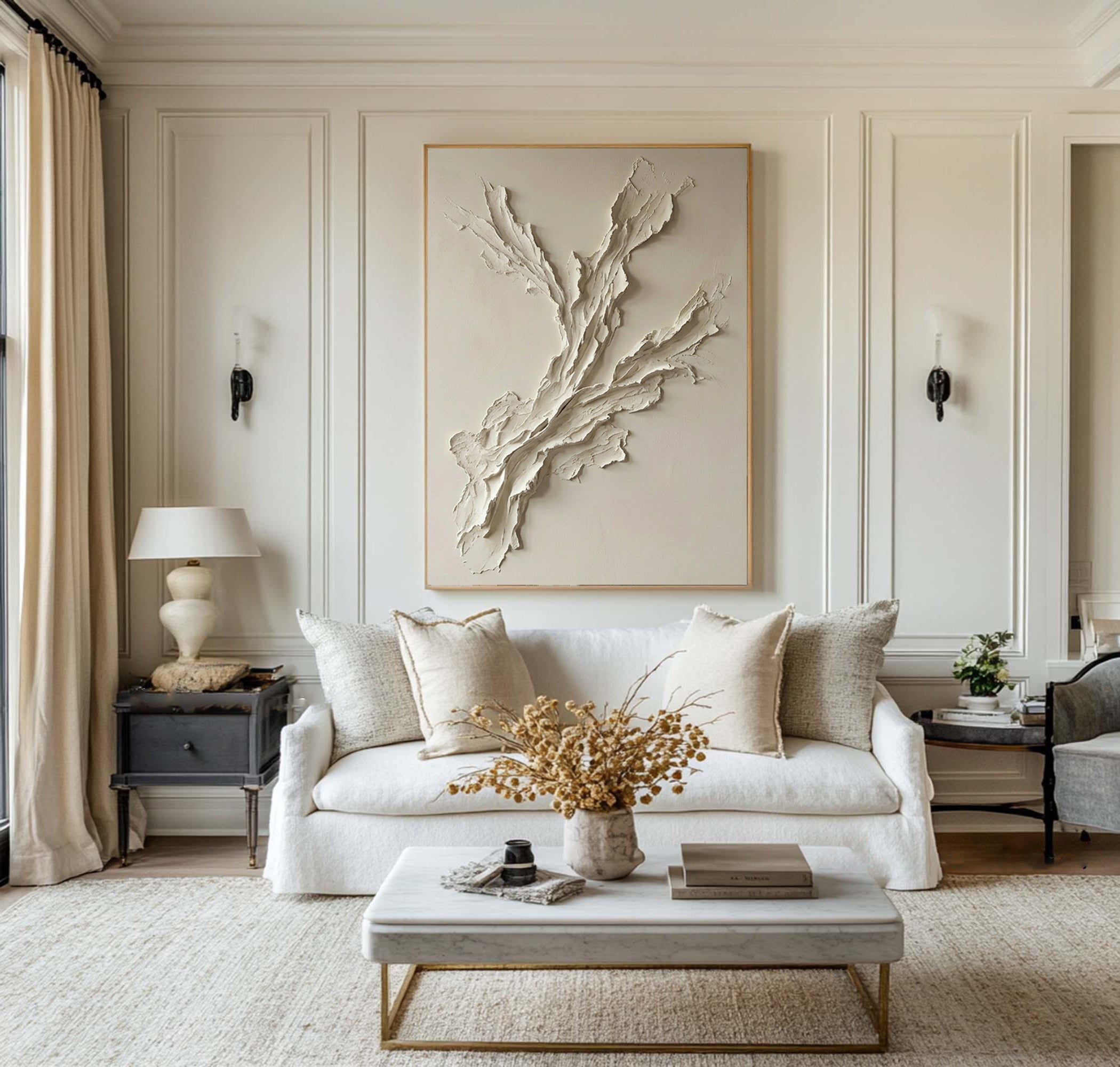 Large Abstract Neutral Oil Painting with Sculptural Branch Texture Design