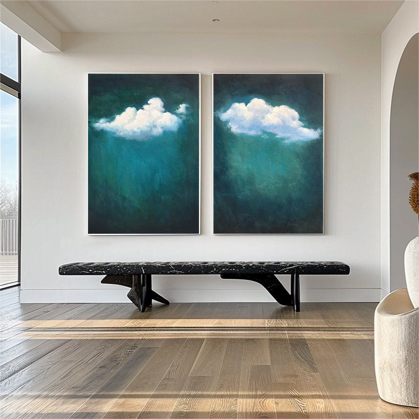 Teal Tranquility Cloud Paintings for Modern Home Decor Set Of 2 #OS 059