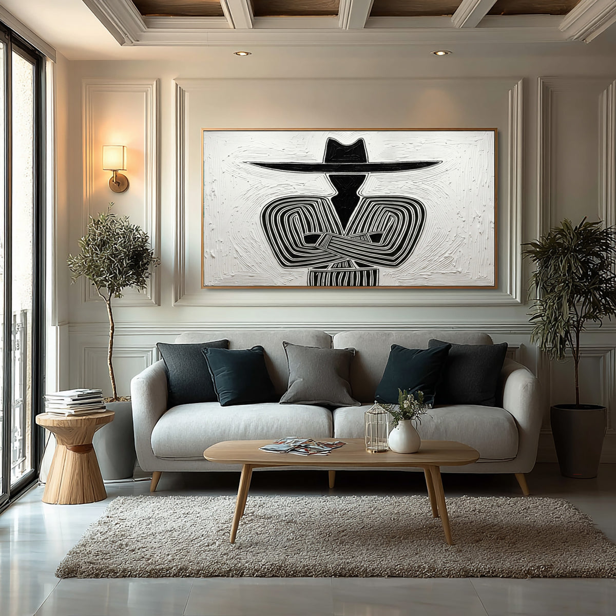 Large Textured Western Cowboy Painting Black White Rustic Wall Art