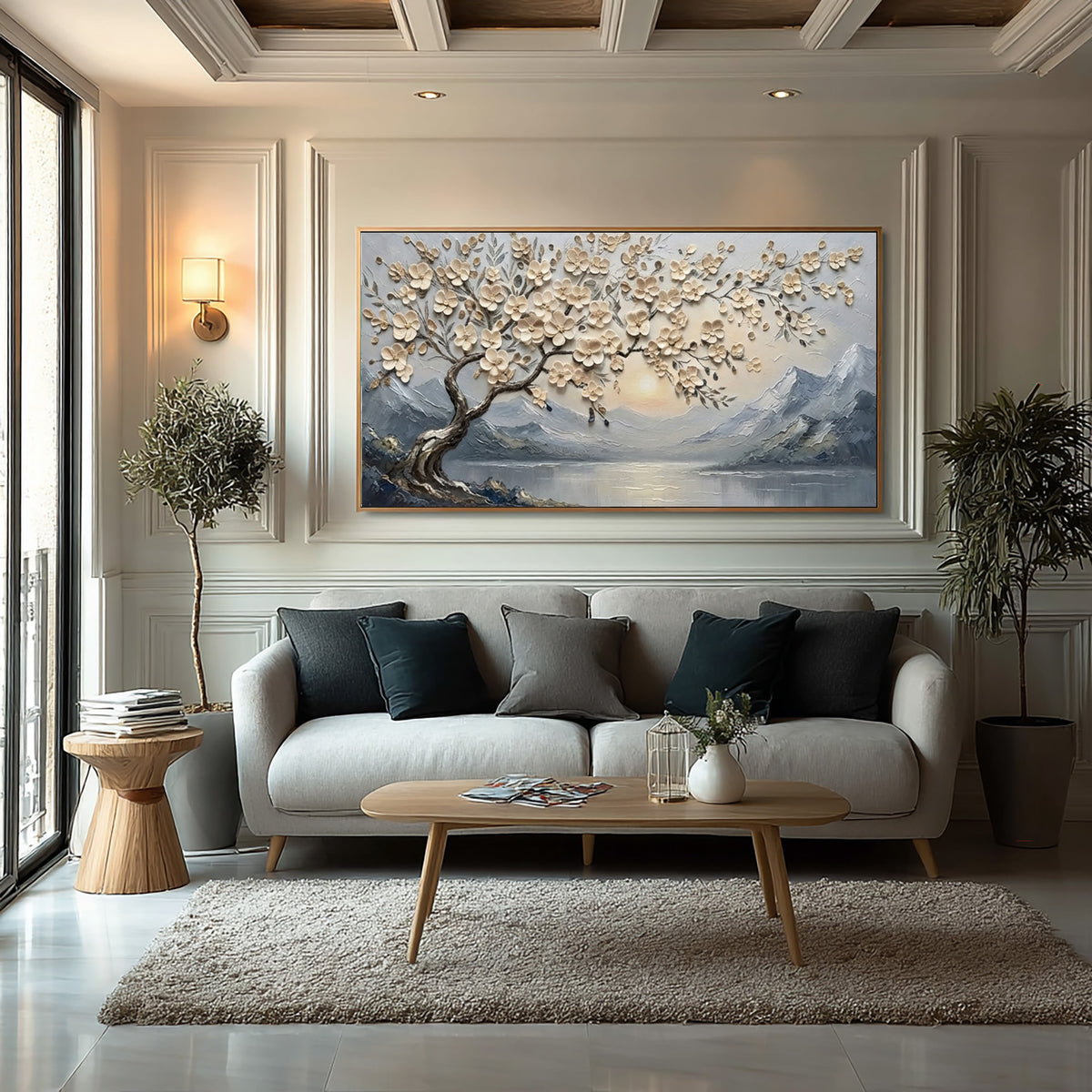 Large Textured Blossom Tree Painting Peaceful Mountain Lake Wall Art