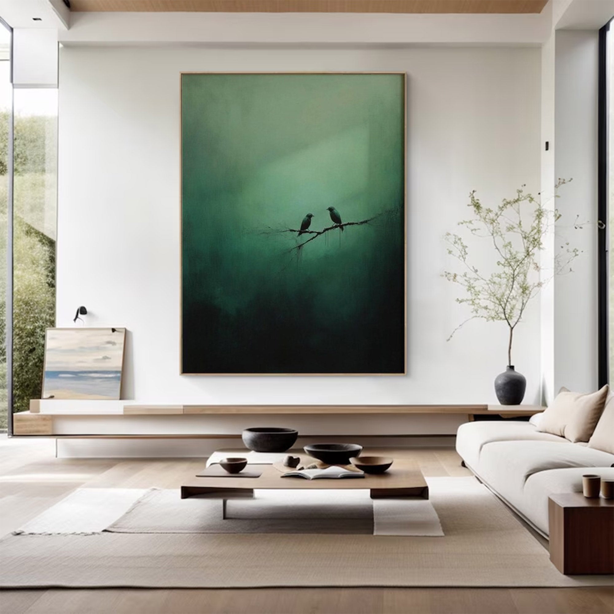 Large Abstract Green Painting Birds | KeiraArt #AG 0101